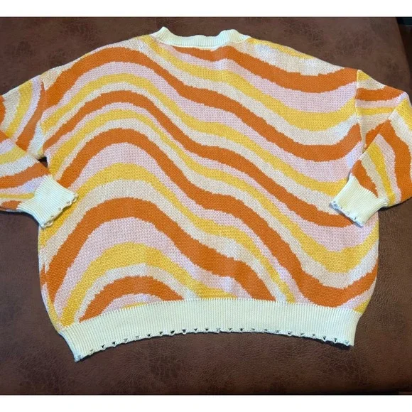 Simply Southern Retro Wavy Stripe Flower Oversized Knit Sweater Orange Pink L - Picture 5 of 5